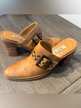 MIA Cognac Leather Buckle Mule Heels